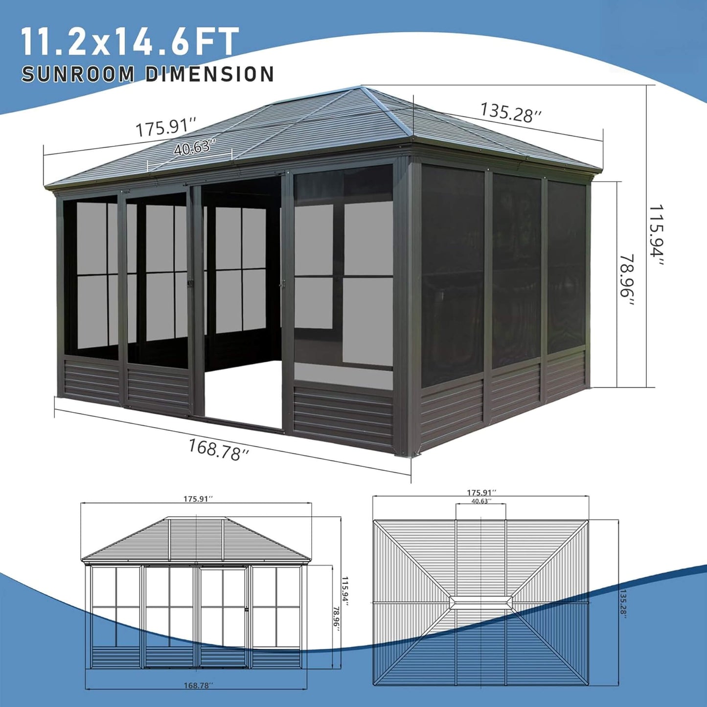 Alora Meridian Premium Four Season Outdoor Aluminum Hardtop Gazebo Sunroom With Galvanized Steel Roof, Sliding Doors And Movable PVC Screen Walls (11x14)