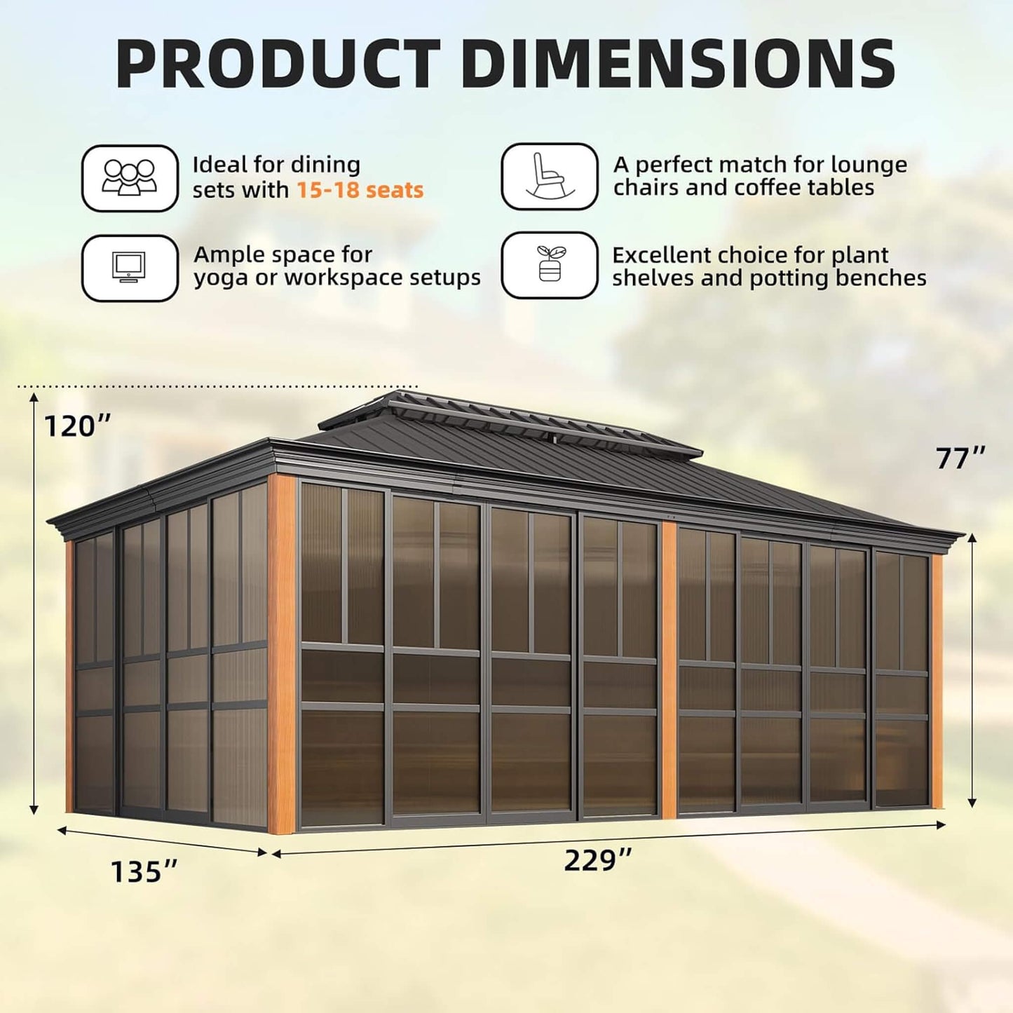 Alora Solstice Premium All-Season Outdoor Wood Grain Sunroom With Sliding Doors And Double Top Roof