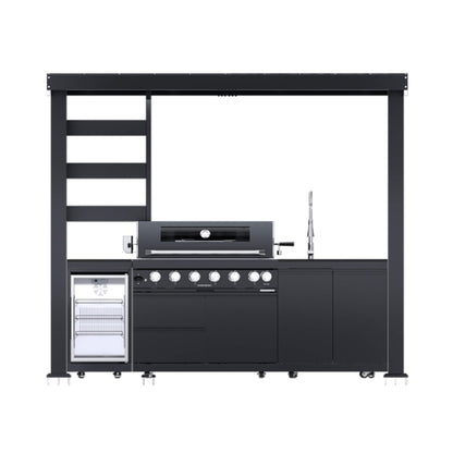 Castelle Flame Blaze 108-Inch 6-Burner 85K BTU Deluxe Stainless Steel Liquid Propane Outdoor Kitchen Grill Island With Wine Cooler, Rotisserie, Cabinets, And Granite Countertops