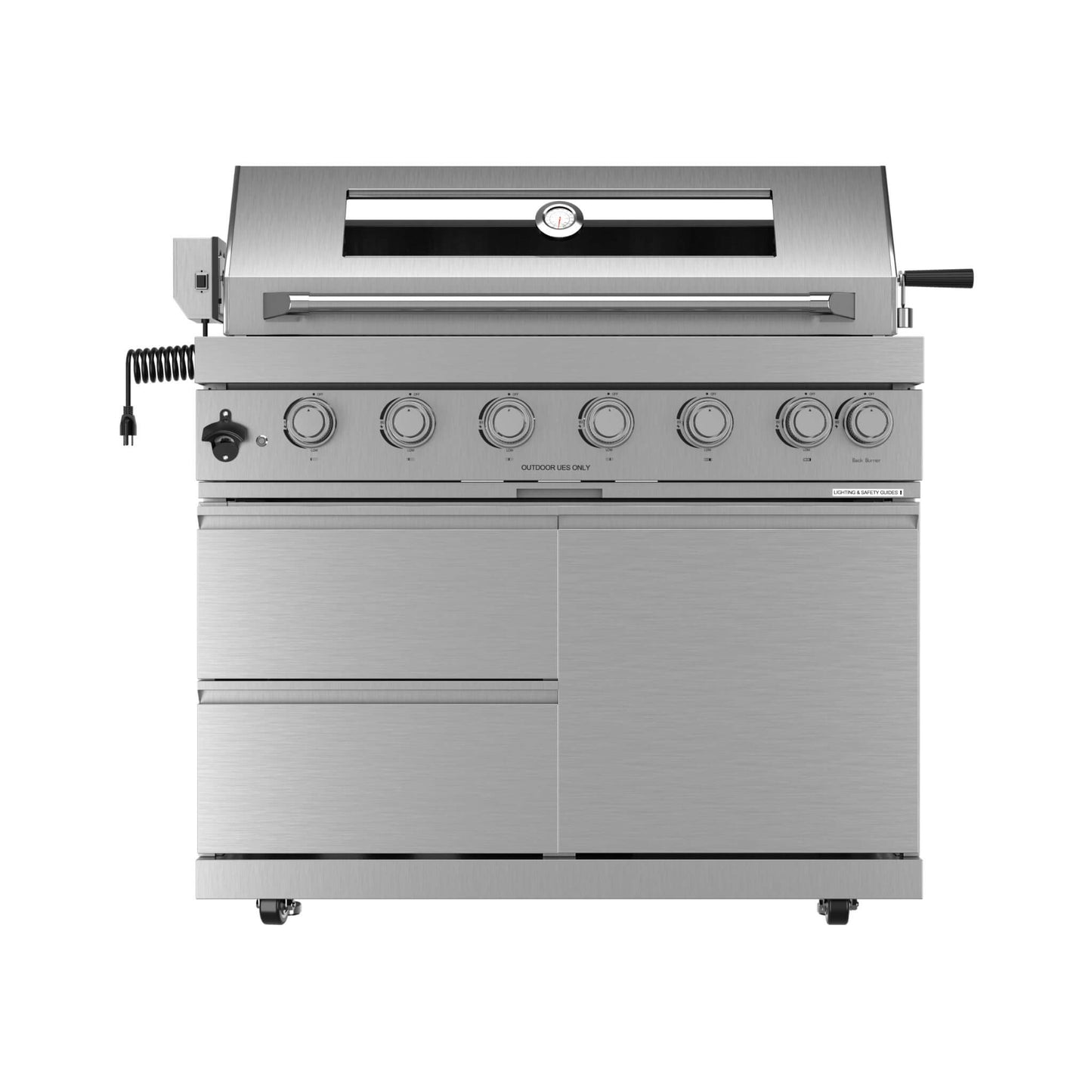 Castelle Flame Blaze 108-Inch 6-Burner 85K BTU Deluxe Stainless Steel Liquid Propane Outdoor Kitchen Grill Island With Wine Cooler, Rotisserie, Cabinets, And Granite Countertops