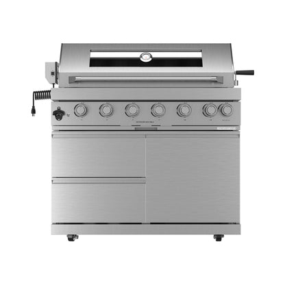 Castelle Flame Blaze 108-Inch 6-Burner 85K BTU Deluxe Stainless Steel Liquid Propane Outdoor Kitchen Grill Island With Wine Cooler, Rotisserie, Cabinets, And Granite Countertops