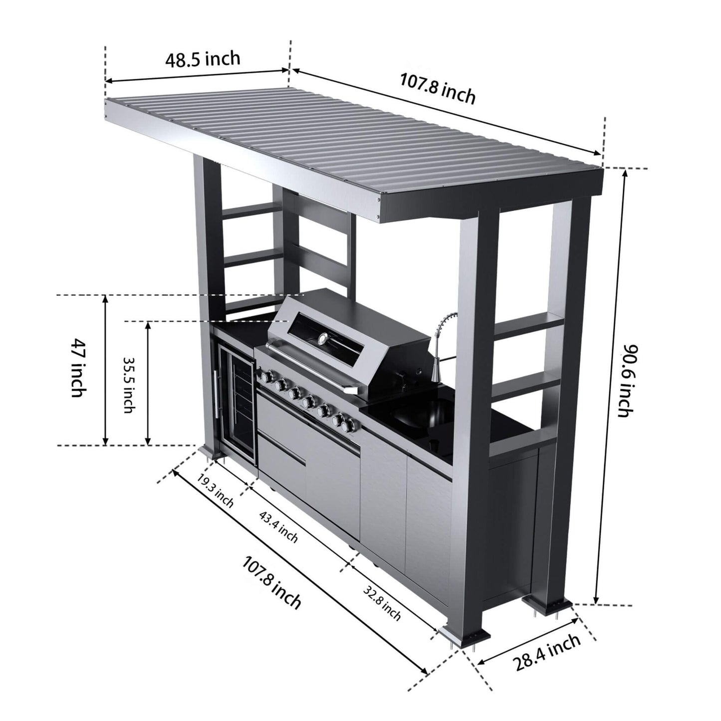 Castelle Flame Blaze 108-Inch 6-Burner 85K BTU Deluxe Stainless Steel Liquid Propane Outdoor Kitchen Grill Island With Wine Cooler, Rotisserie, Cabinets, And Granite Countertops