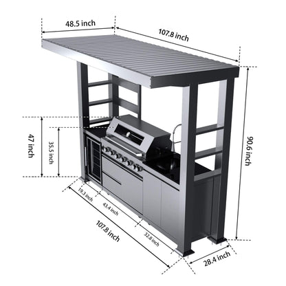 Castelle Flame Blaze 108-Inch 6-Burner 85K BTU Deluxe Stainless Steel Liquid Propane Outdoor Kitchen Grill Island With Wine Cooler, Rotisserie, Cabinets, And Granite Countertops