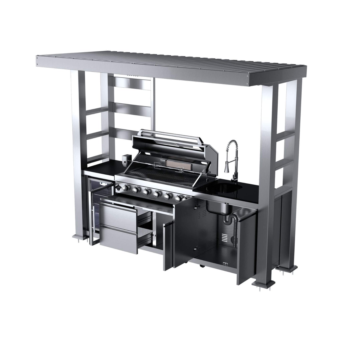 Castelle Flame Blaze 108-Inch 6-Burner 85K BTU Deluxe Stainless Steel Liquid Propane Outdoor Kitchen Grill Island With Wine Cooler, Rotisserie, Cabinets, And Granite Countertops
