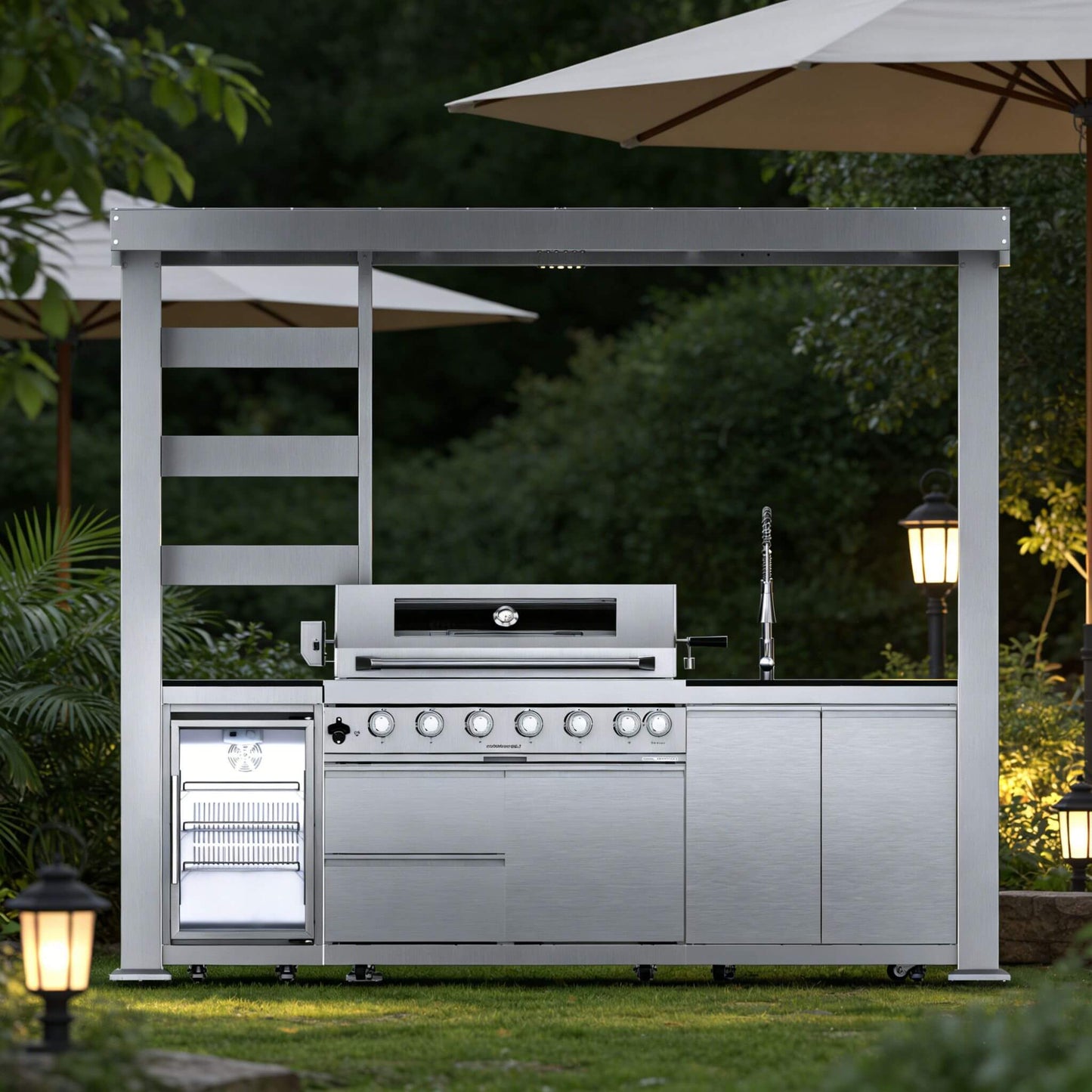 Castelle Flame Blaze 108-Inch 6-Burner 85K BTU Deluxe Stainless Steel Liquid Propane Outdoor Kitchen Grill Island With Wine Cooler, Rotisserie, Cabinets, And Granite Countertops