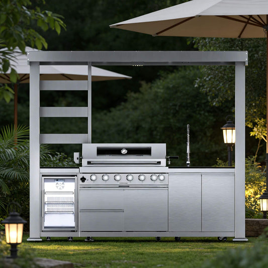 Castelle Flame Blaze 108-Inch 6-Burner 85K BTU Deluxe Stainless Steel Liquid Propane Outdoor Kitchen Grill Island With Wine Cooler, Rotisserie, Cabinets, And Granite Countertops