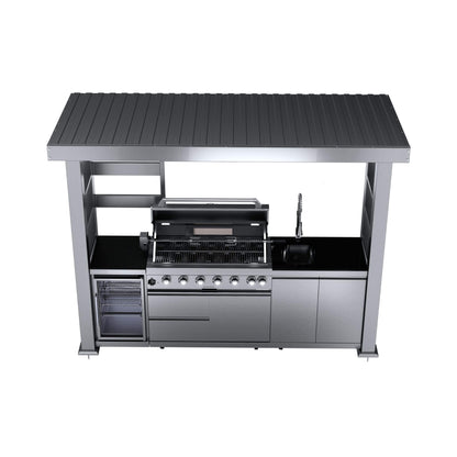 Castelle Flame Blaze 108-Inch 6-Burner 85K BTU Deluxe Stainless Steel Liquid Propane Outdoor Kitchen Grill Island With Wine Cooler, Rotisserie, Cabinets, And Granite Countertops
