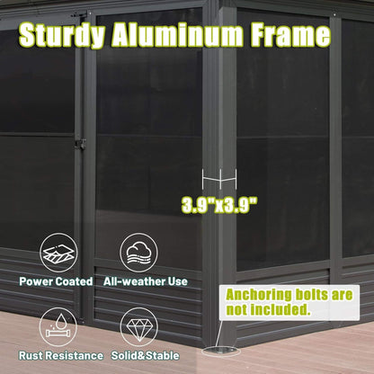 Alora Meridian Premium Four Season Outdoor Aluminum Hardtop Gazebo Sunroom With Galvanized Steel Roof, Sliding Doors And Movable PVC Screen Walls (11x14)