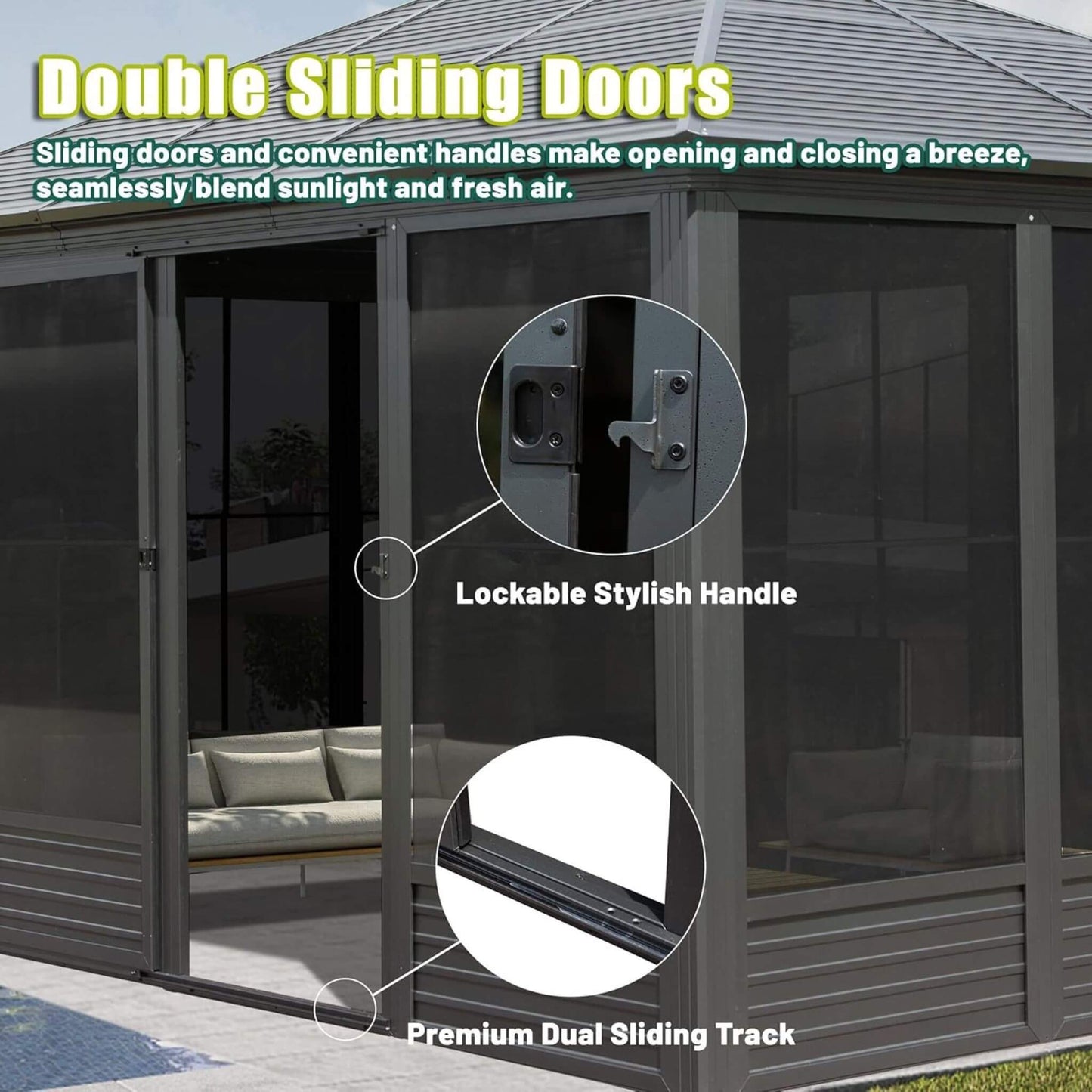 Alora Meridian Premium Four Season Outdoor Aluminum Hardtop Gazebo Sunroom With Galvanized Steel Roof, Sliding Doors And Movable PVC Screen Walls (11x14)