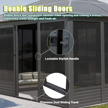 Alora Meridian Premium Four Season Outdoor Aluminum Hardtop Gazebo Sunroom With Galvanized Steel Roof, Sliding Doors And Movable PVC Screen Walls (11x14)