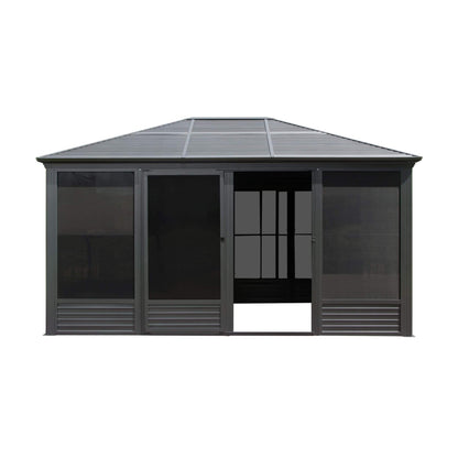 Alora Meridian Premium Four Season Outdoor Aluminum Hardtop Gazebo Sunroom With Galvanized Steel Roof, Sliding Doors And Movable PVC Screen Walls (11x14)