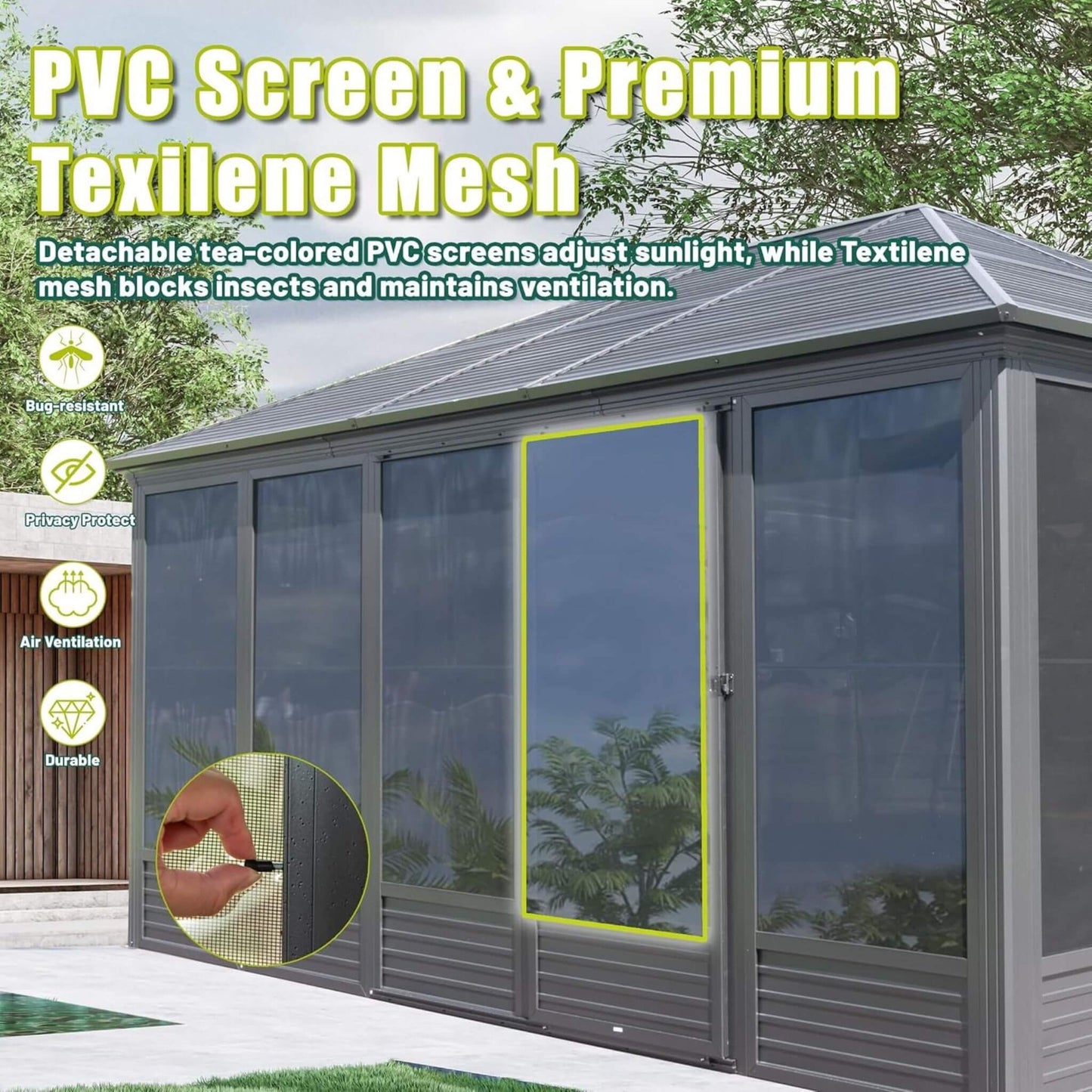 Alora Meridian Premium Four Season Outdoor Aluminum Hardtop Gazebo Sunroom With Galvanized Steel Roof, Sliding Doors And Movable PVC Screen Walls (11x14)
