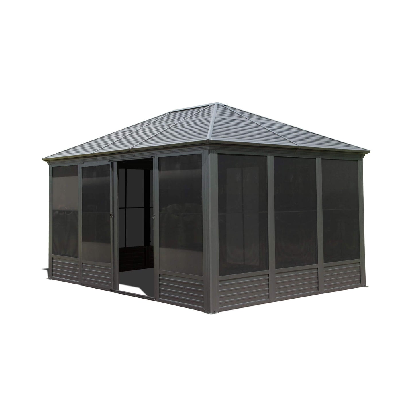 Alora Meridian Premium Four Season Outdoor Aluminum Hardtop Gazebo Sunroom With Galvanized Steel Roof, Sliding Doors And Movable PVC Screen Walls (11x14)