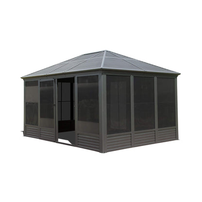 Alora Meridian Premium Four Season Outdoor Aluminum Hardtop Gazebo Sunroom With Galvanized Steel Roof, Sliding Doors And Movable PVC Screen Walls (11x14)