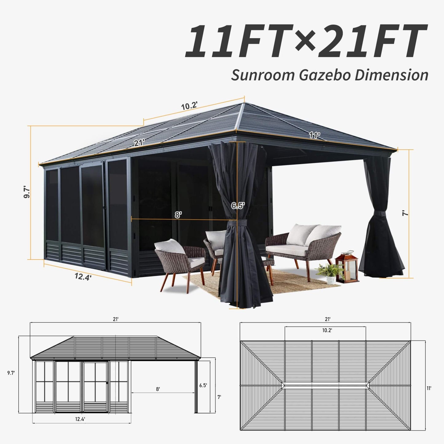 Alora Outdoor All-Season Solarium Sunroom Gazebo With Galvanized Steel Roof (21x11)