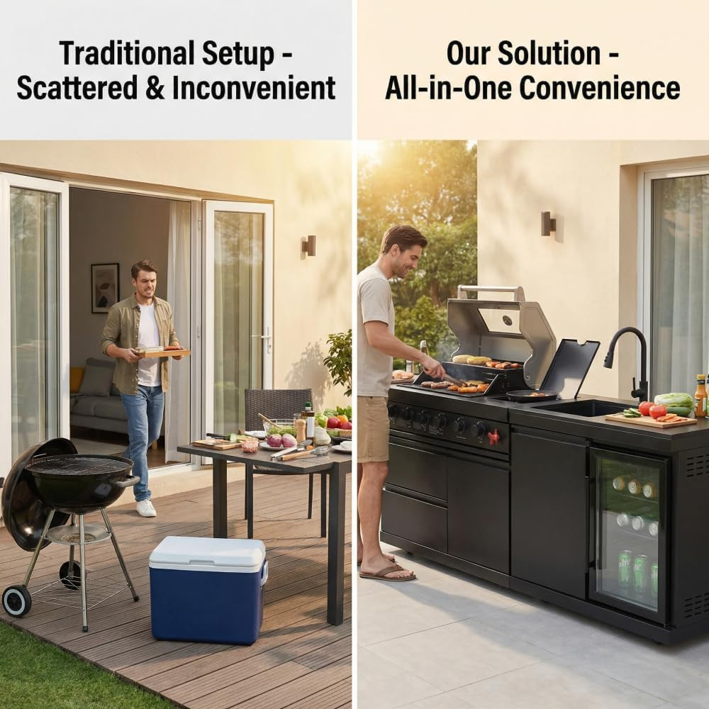 Deluxe 84 Inch × 23 Inch 6 Burner 75300 BTU Outdoor BBQ Grill Island with Stainless Steel Sink, Wine Cooler, Refrigerator & Granite Countertops,Propane or Natural Gas