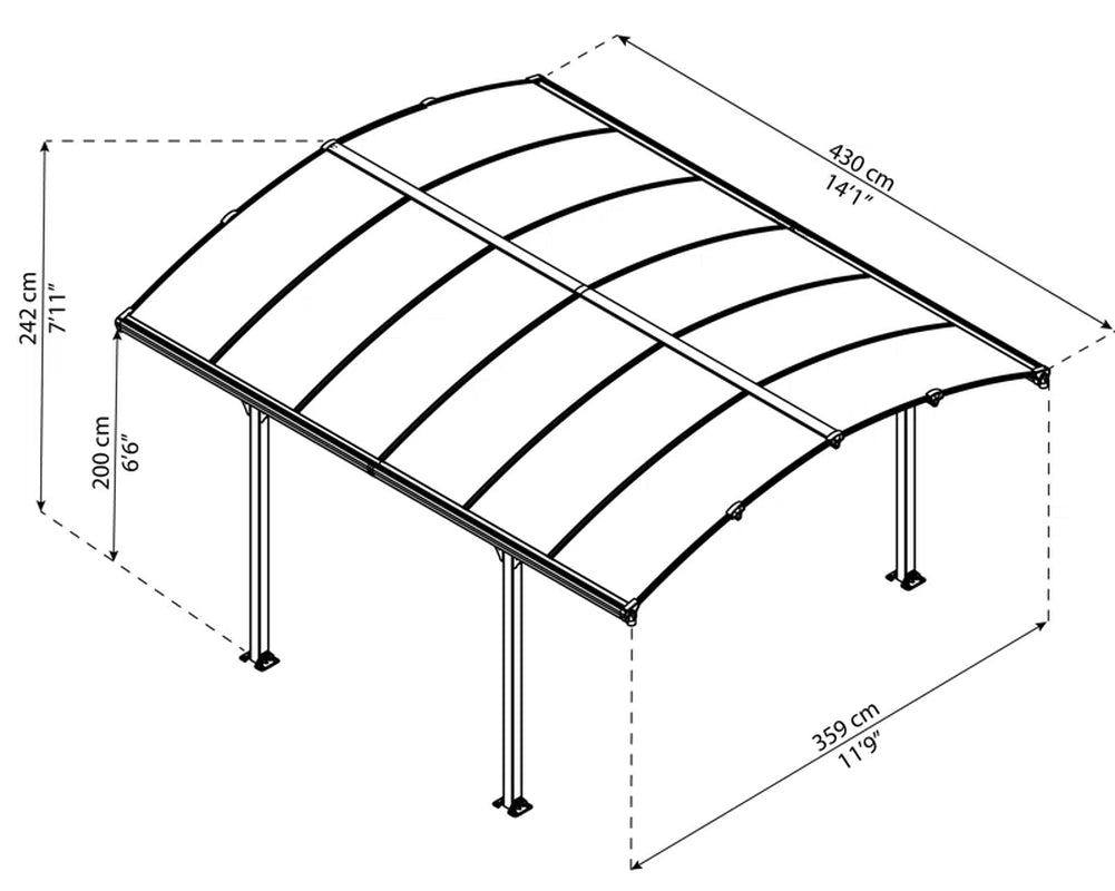 Palram -  Arcadia 12' W X 14' D Polycarbonate Galvanized Steel Weather-Protected Carport Canopy for Cars Trucks Gray