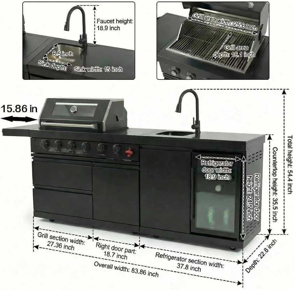 Deluxe 84 Inch × 23 Inch 6 Burner 75300 BTU Outdoor BBQ Grill Island with Stainless Steel Sink, Wine Cooler, Refrigerator & Granite Countertops,Propane or Natural Gas