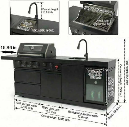 Deluxe 84 Inch × 23 Inch 6 Burner 75300 BTU Outdoor BBQ Grill Island with Stainless Steel Sink, Wine Cooler, Refrigerator & Granite Countertops,Propane or Natural Gas