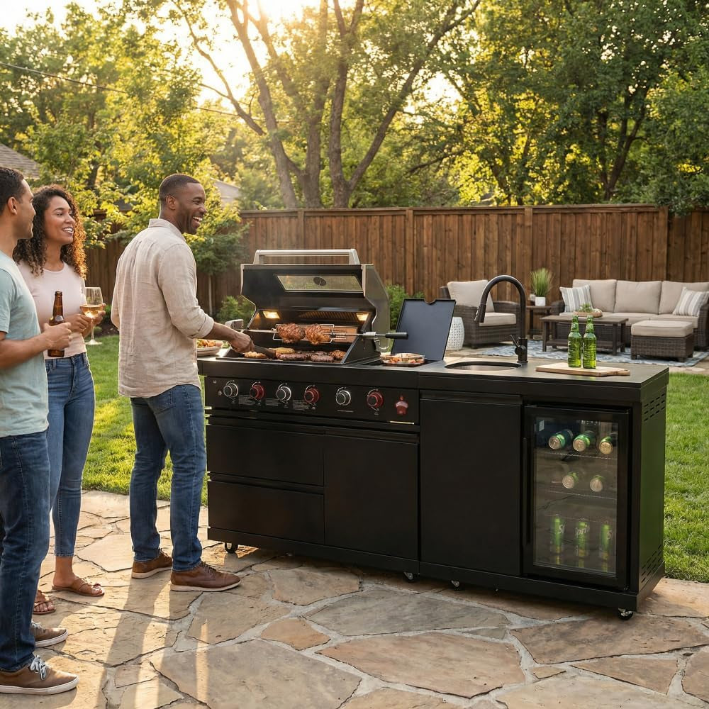 Deluxe 84 Inch × 23 Inch 6 Burner 75300 BTU Outdoor BBQ Grill Island with Stainless Steel Sink, Wine Cooler, Refrigerator & Granite Countertops,Propane or Natural Gas