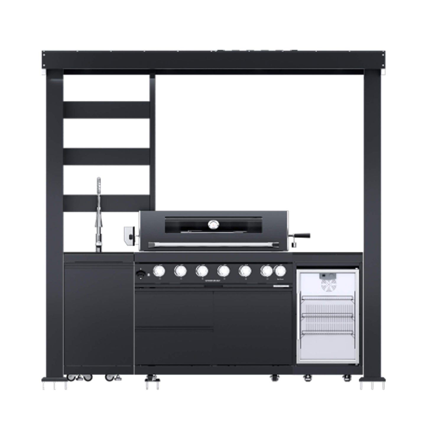 Castelle Flame Astoria 94-Inch 6-Burner 85K BTU Outdoor Kitchen Grill Island With Wine Cooler, Rotisserie, Cabinets, And Granite Countertops