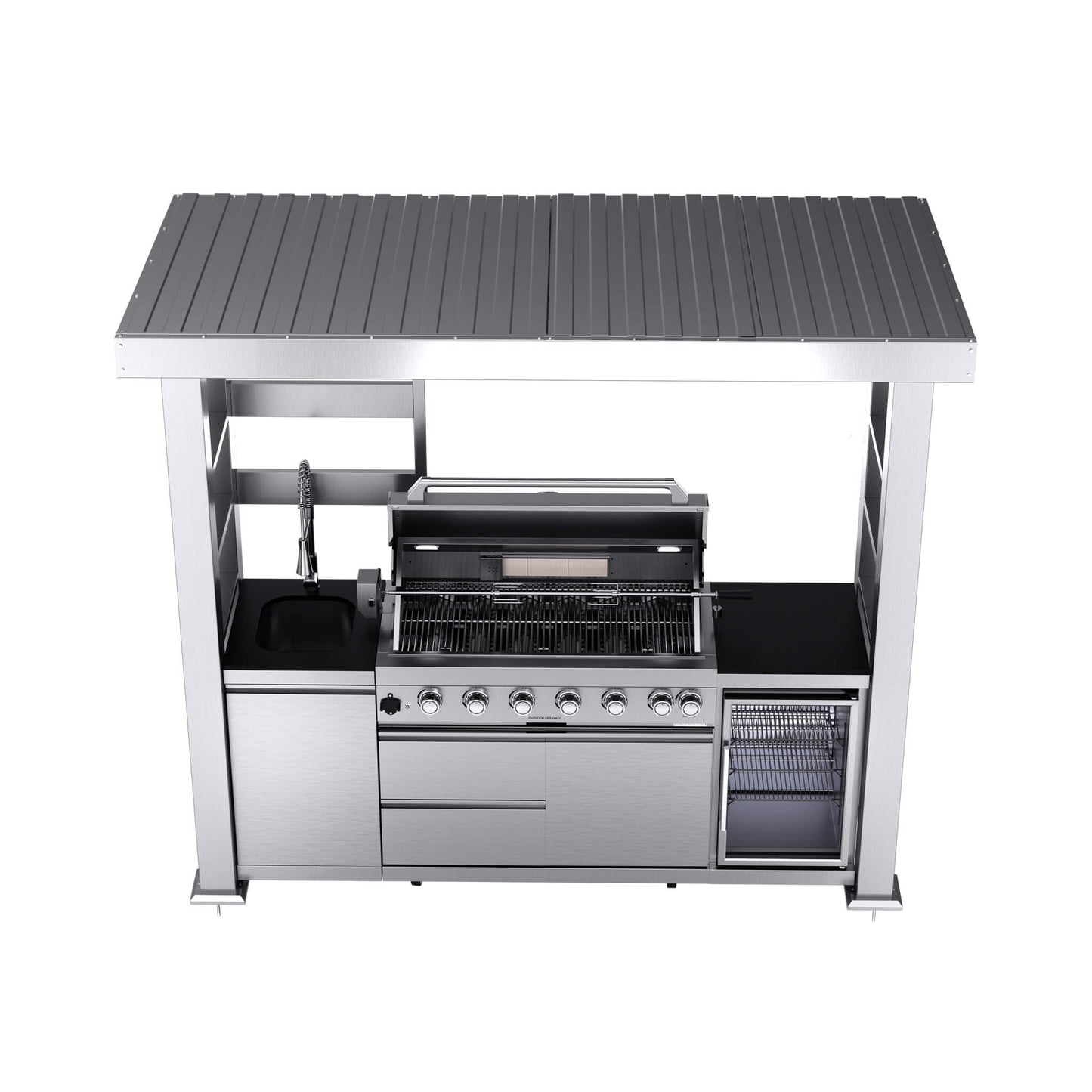 Castelle Flame Astoria 94-Inch 6-Burner 85K BTU Outdoor Kitchen Grill Island With Wine Cooler, Rotisserie, Cabinets, And Granite Countertops