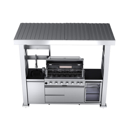 Castelle Flame Astoria 94-Inch 6-Burner 85K BTU Outdoor Kitchen Grill Island With Wine Cooler, Rotisserie, Cabinets, And Granite Countertops