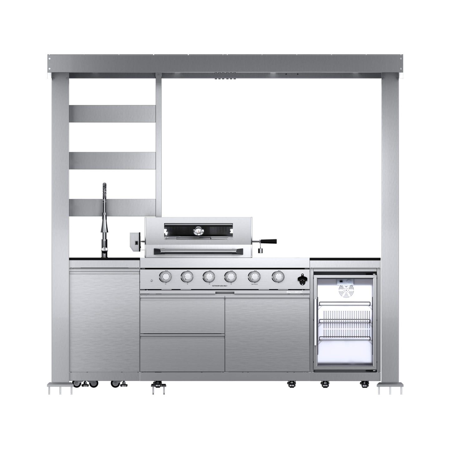 Castelle Flame Amalfi 97-Inch 4-Burner 72K BTU LP Outdoor Kitchen Grill Island With Wine Cooler, Rotisserie, Cabinets, And Granite Countertops