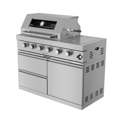 Castelle Flame Amalfi 97-Inch 4-Burner 72K BTU LP Outdoor Kitchen Grill Island With Wine Cooler, Rotisserie, Cabinets, And Granite Countertops