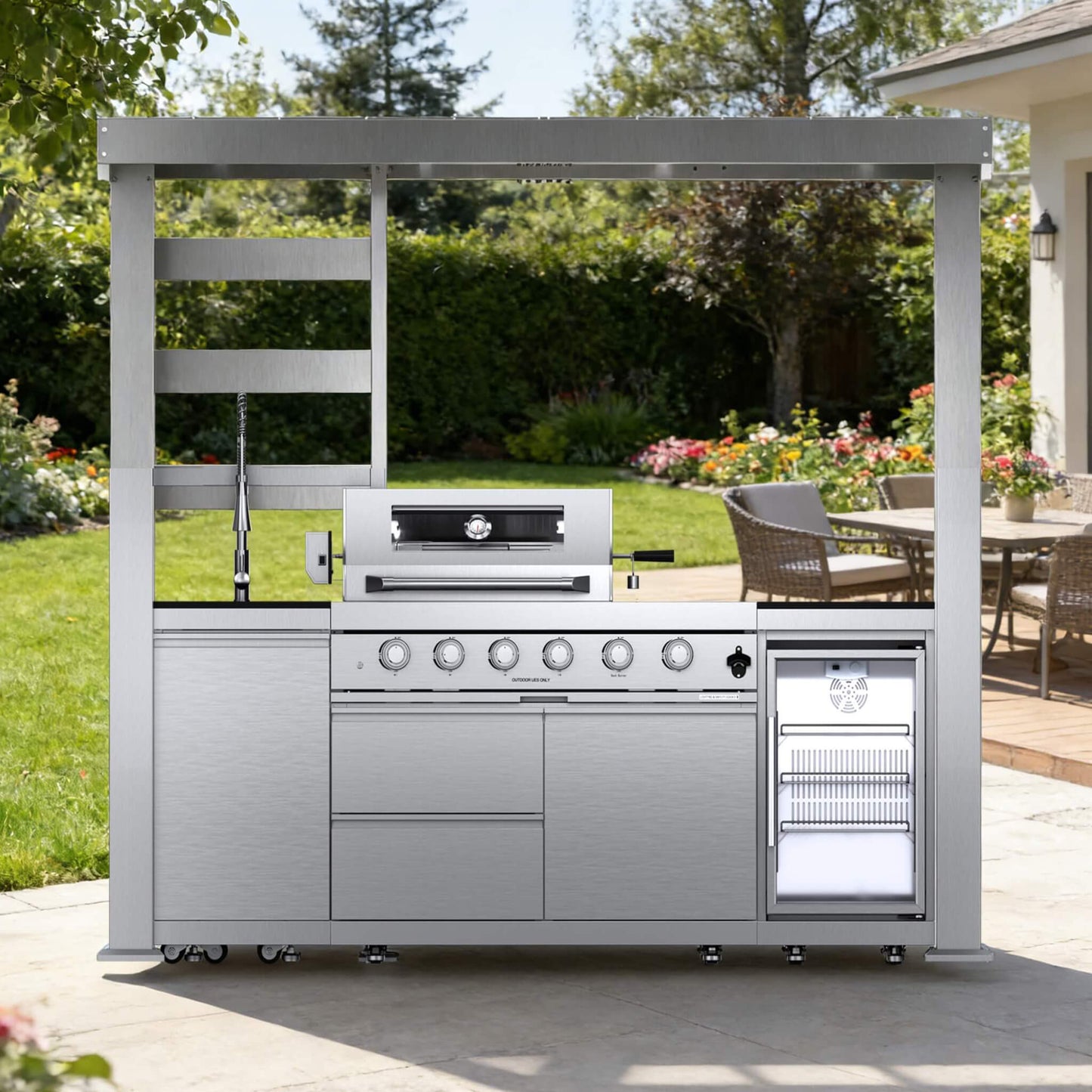 Castelle Flame Amalfi 97-Inch 4-Burner 72K BTU LP Outdoor Kitchen Grill Island With Wine Cooler, Rotisserie, Cabinets, And Granite Countertops