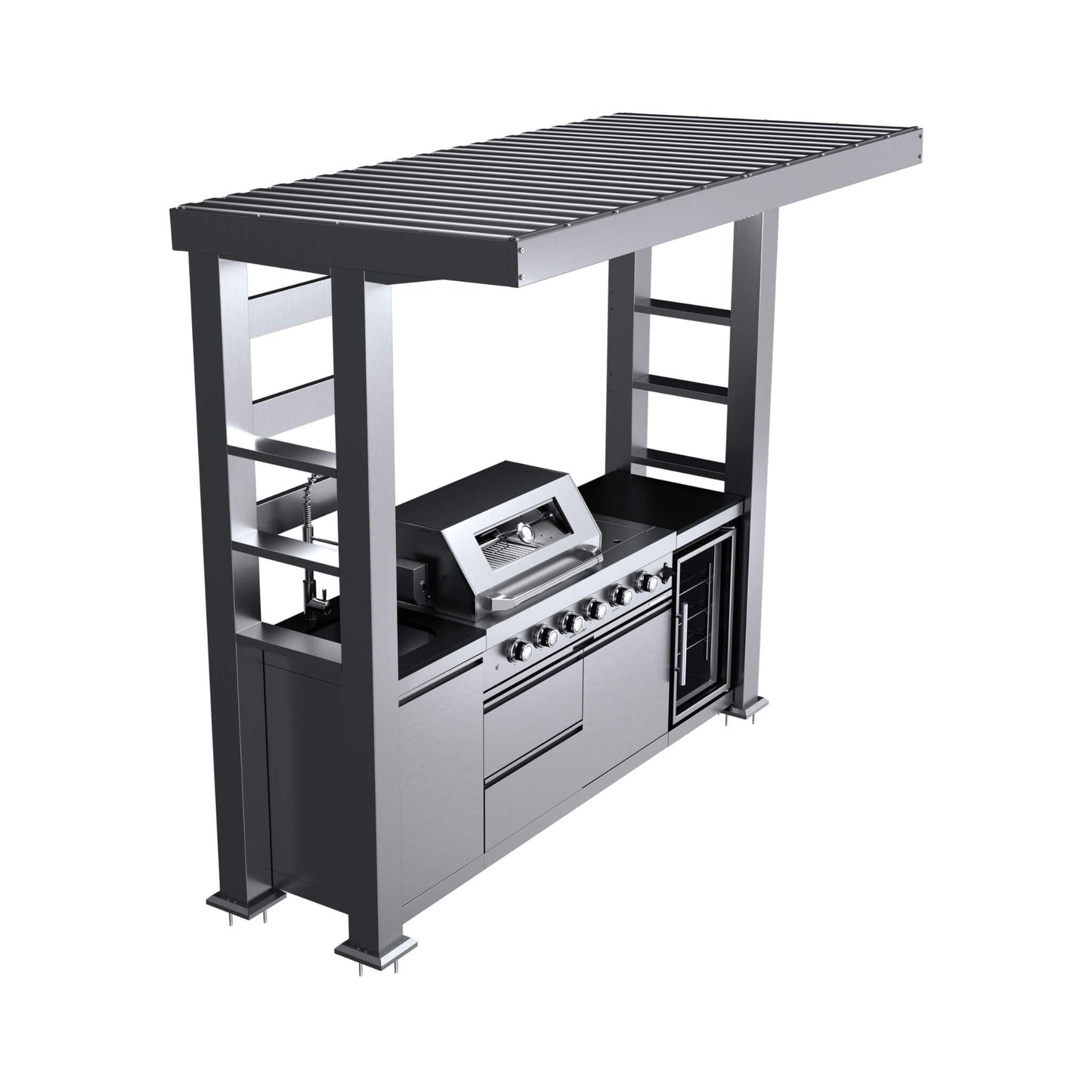 Castelle Flame Amalfi 97-Inch 4-Burner 72K BTU LP Outdoor Kitchen Grill Island With Wine Cooler, Rotisserie, Cabinets, And Granite Countertops