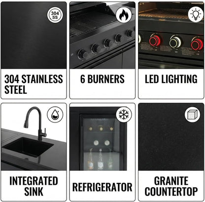Deluxe 84 Inch × 23 Inch 6 Burner 75300 BTU Outdoor BBQ Grill Island with Stainless Steel Sink, Wine Cooler, Refrigerator & Granite Countertops,Propane or Natural Gas