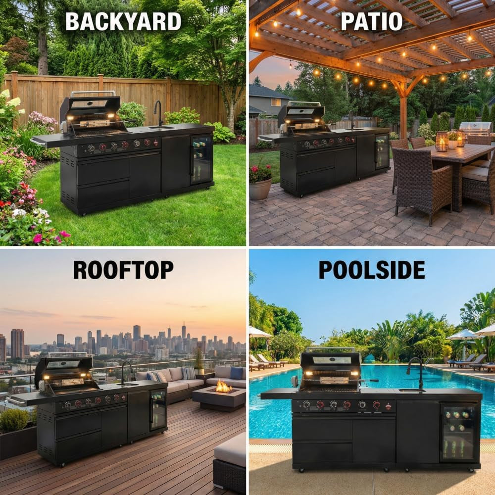 Deluxe 84 Inch × 23 Inch 6 Burner 75300 BTU Outdoor BBQ Grill Island with Stainless Steel Sink, Wine Cooler, Refrigerator & Granite Countertops,Propane or Natural Gas