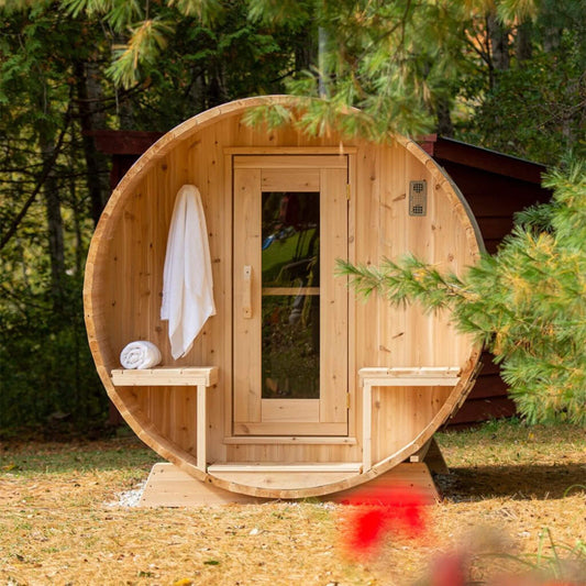 Dundalk Leisurecraft 4-Person Canadian Timber Serenity Barrel Sauna With Solid Wood Benches