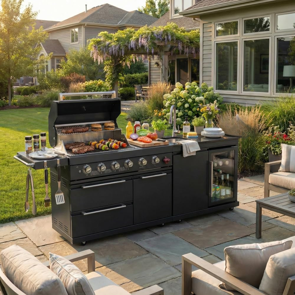 Deluxe 84 Inch × 23 Inch 6 Burner 75300 BTU Outdoor BBQ Grill Island with Stainless Steel Sink, Wine Cooler, Refrigerator & Granite Countertops,Propane or Natural Gas