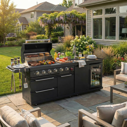 Deluxe 84 Inch × 23 Inch 6 Burner 75300 BTU Outdoor BBQ Grill Island with Stainless Steel Sink, Wine Cooler, Refrigerator & Granite Countertops,Propane or Natural Gas