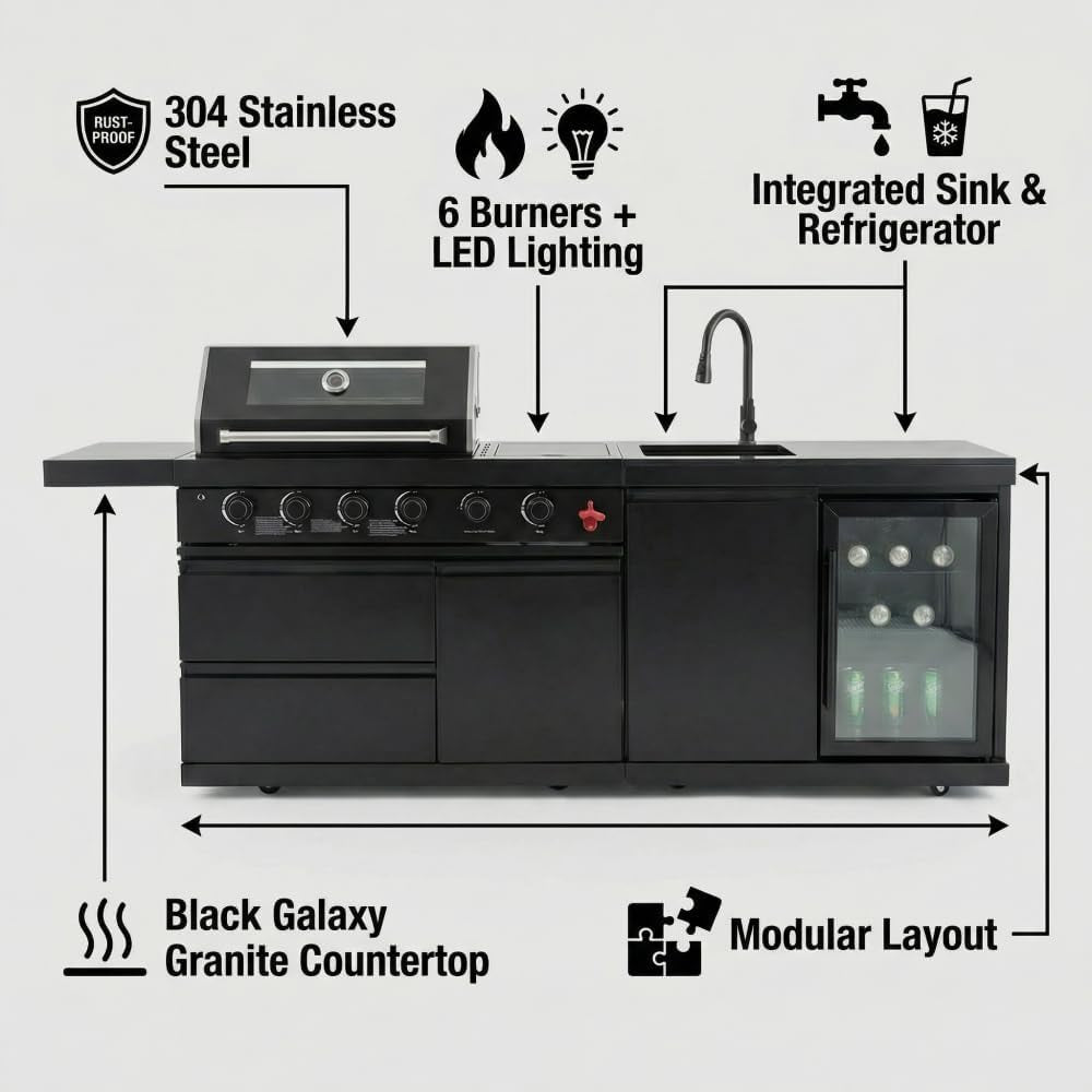 Deluxe 84 Inch × 23 Inch 6 Burner 75300 BTU Outdoor BBQ Grill Island with Stainless Steel Sink, Wine Cooler, Refrigerator & Granite Countertops,Propane or Natural Gas