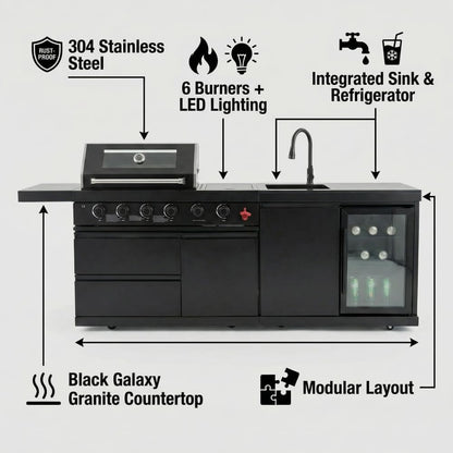 Deluxe 84 Inch × 23 Inch 6 Burner 75300 BTU Outdoor BBQ Grill Island with Stainless Steel Sink, Wine Cooler, Refrigerator & Granite Countertops,Propane or Natural Gas