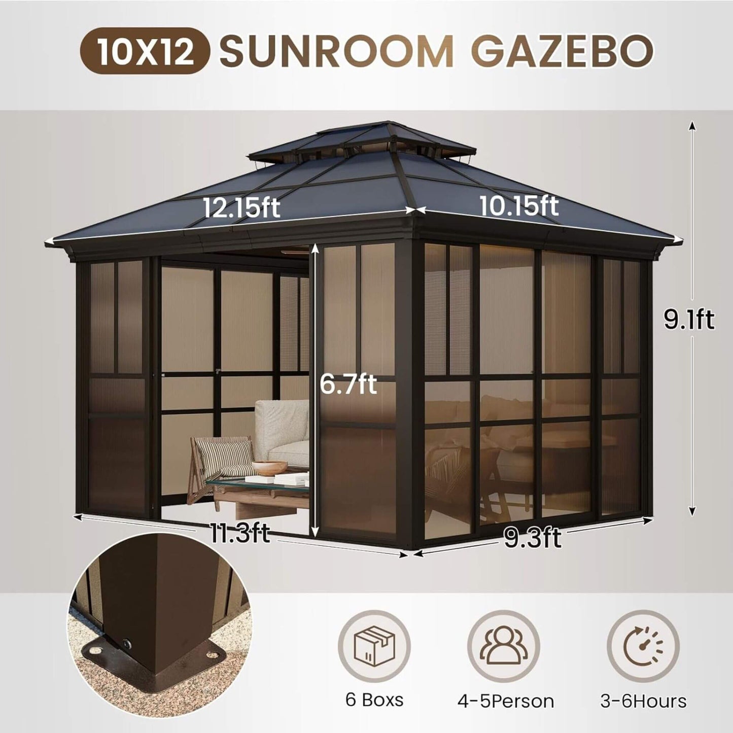 Alora Edge Heavy-Duty Aluminum Frame Outdoor Backyard Solarium With Polycarbornate Roof And Adjustable Panels