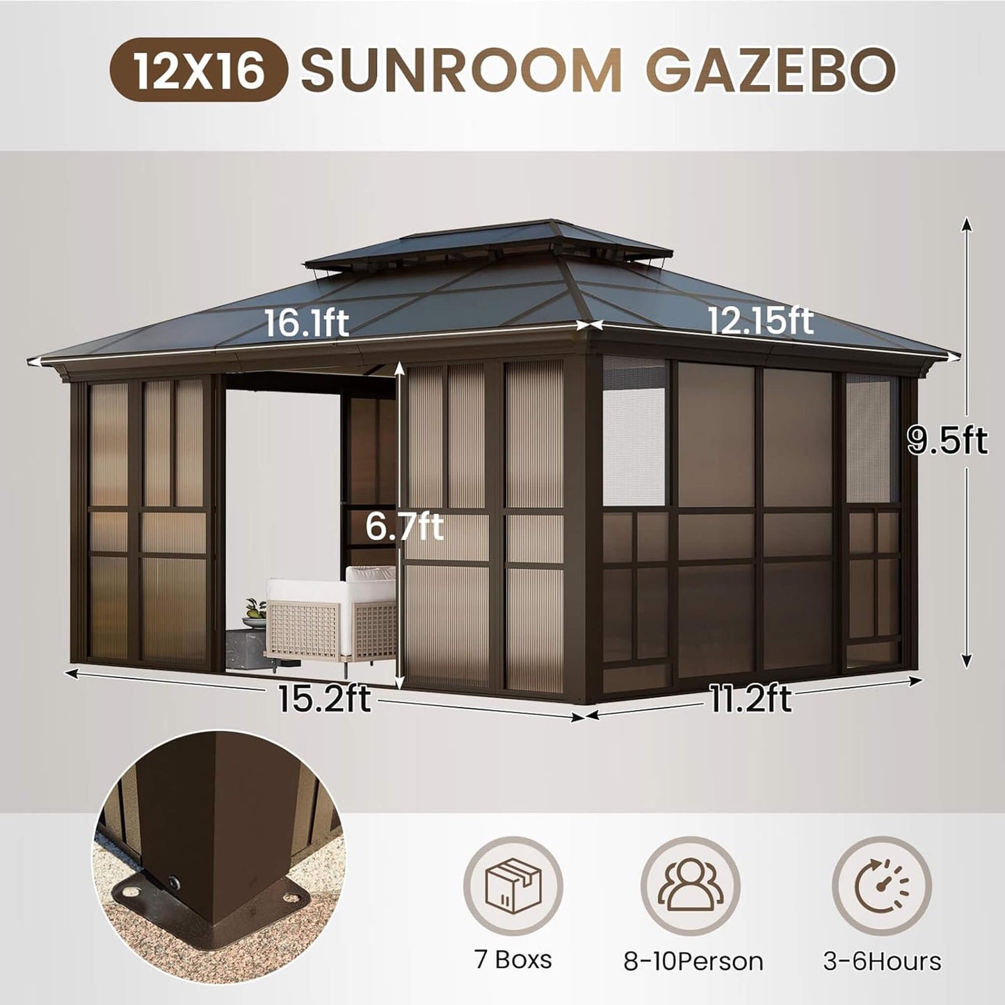 Alora Edge Heavy-Duty Aluminum Frame Outdoor Backyard Solarium With Polycarbornate Roof And Adjustable Panels