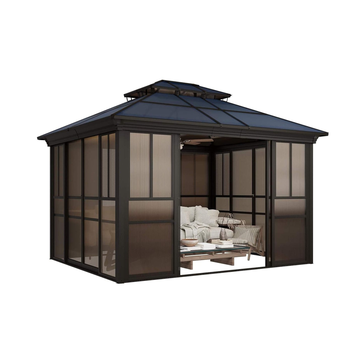 Alora Edge Heavy-Duty Aluminum Frame Outdoor Backyard Solarium With Polycarbornate Roof And Adjustable Panels