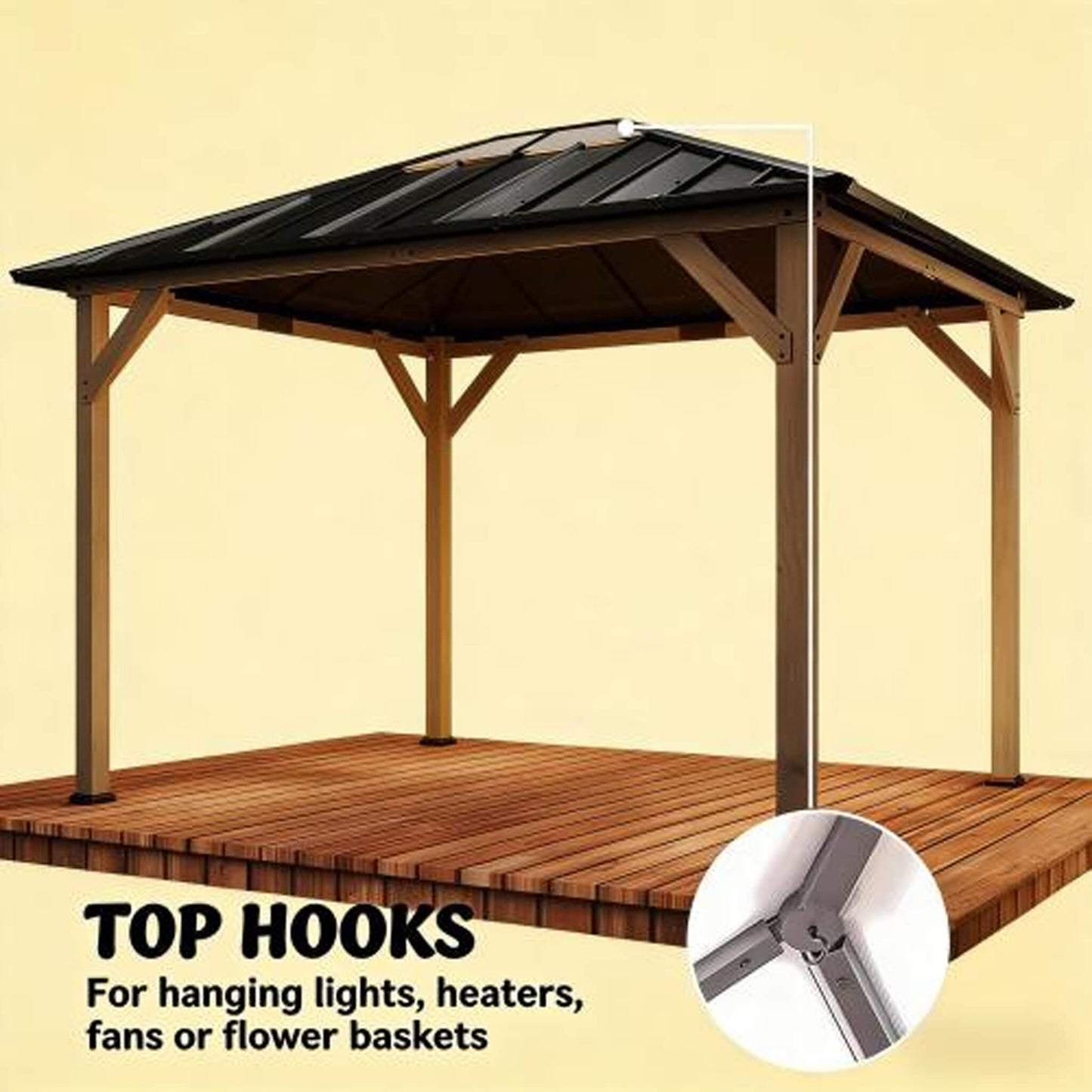 Alora Heavy-Duty Fir Wood Hardtop Gazebo With Galvanized Steel Roof And Ceiling Hooks