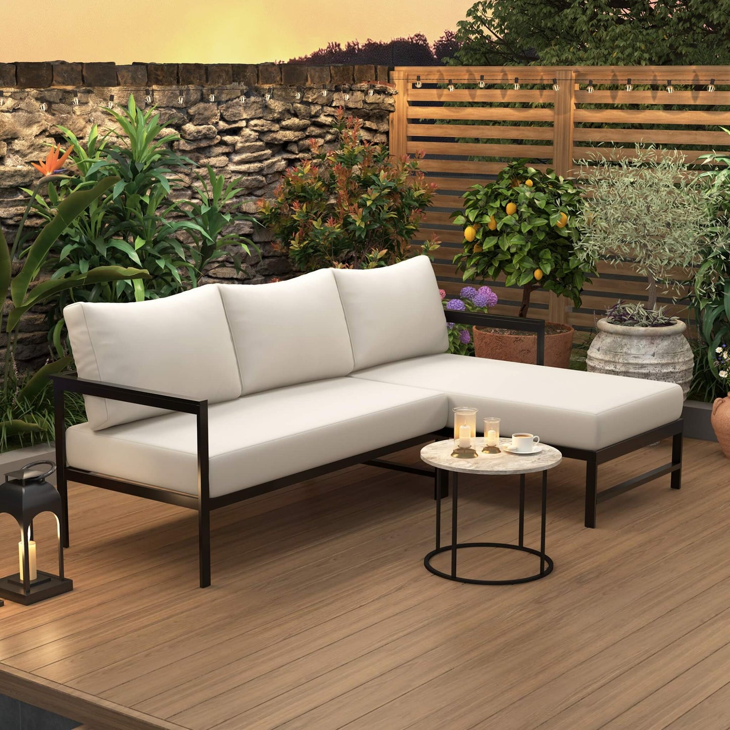 Alora Outdoor 3-Person L-Shaped Patio Sofa With Iron Frame & Thick Cushions
