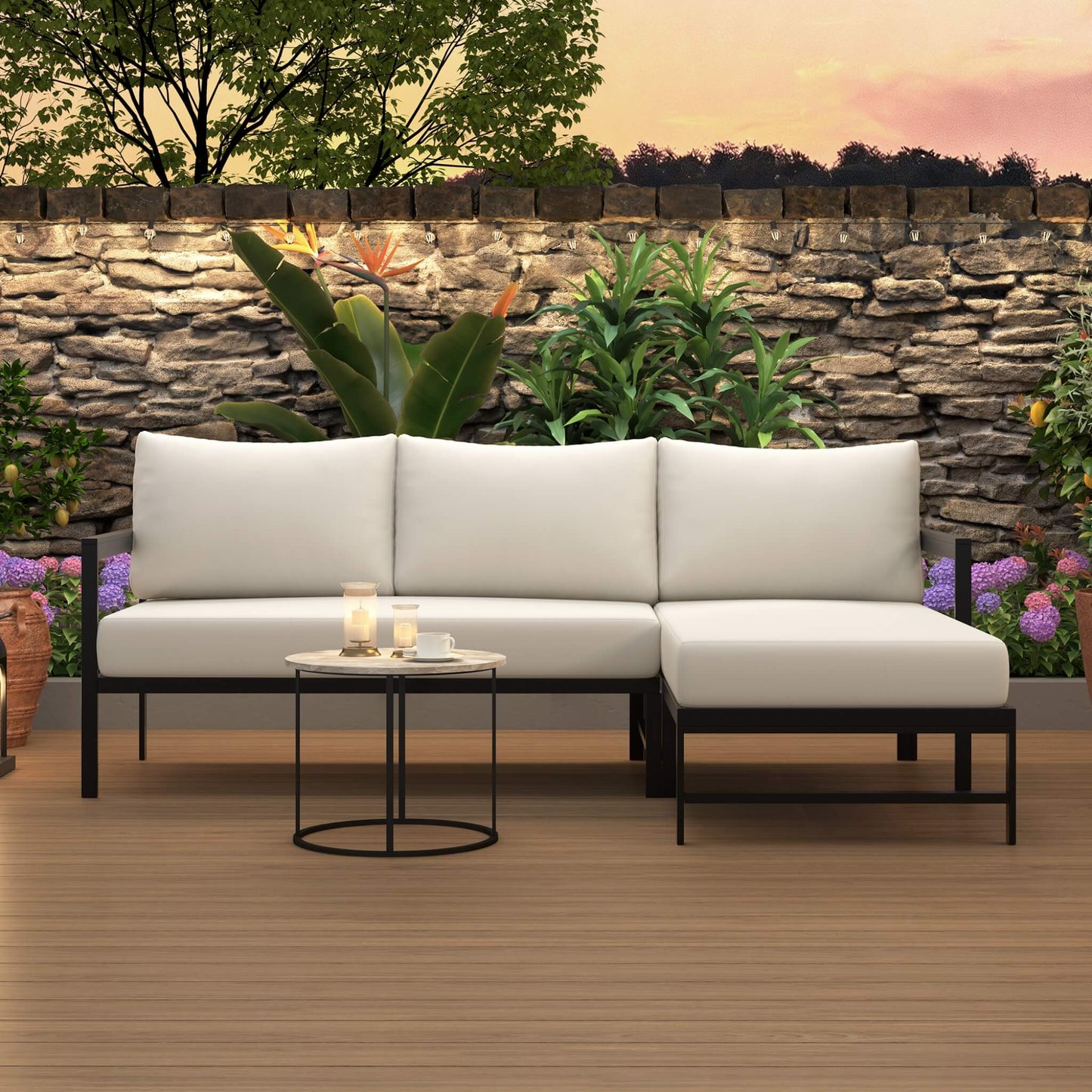 Alora Outdoor 3-Person L-Shaped Patio Sofa With Iron Frame & Thick Cushions