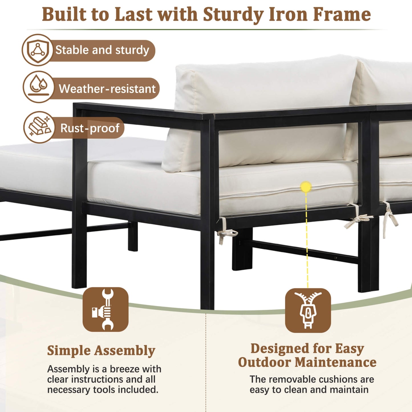Alora Outdoor 3-Person L-Shaped Patio Sofa With Iron Frame & Thick Cushions