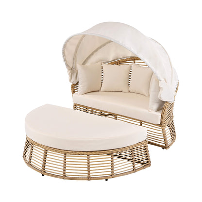 Alora 53-Inch Outdoor Patio Rattan Round Wicker Daybed With Retractable Canopy