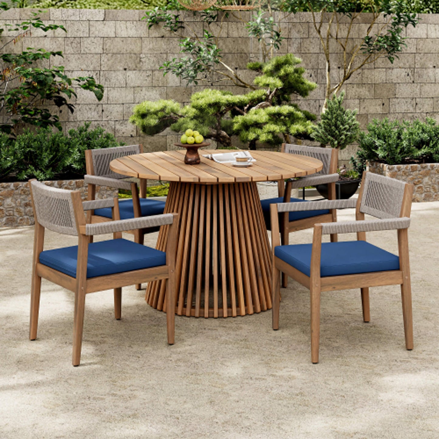 Alora Premium 5-Piece Outdoor Acacia Wood Patio Furniture Set With Braided Dining Chairs, Cushions, And Dining Table