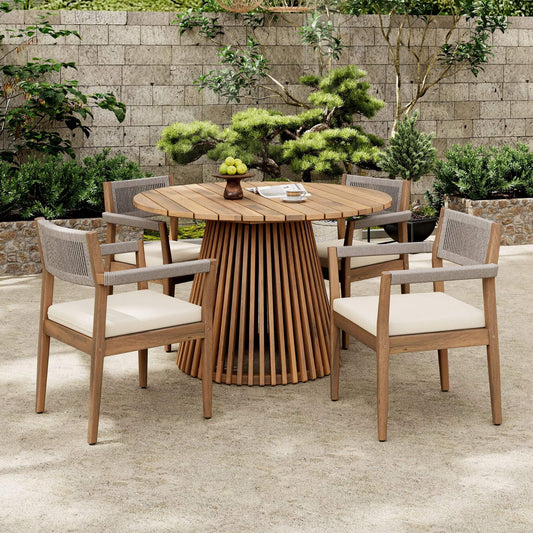 Alora Premium 5-Piece Outdoor Acacia Wood Patio Furniture Set With Braided Dining Chairs, Cushions, And Dining Table