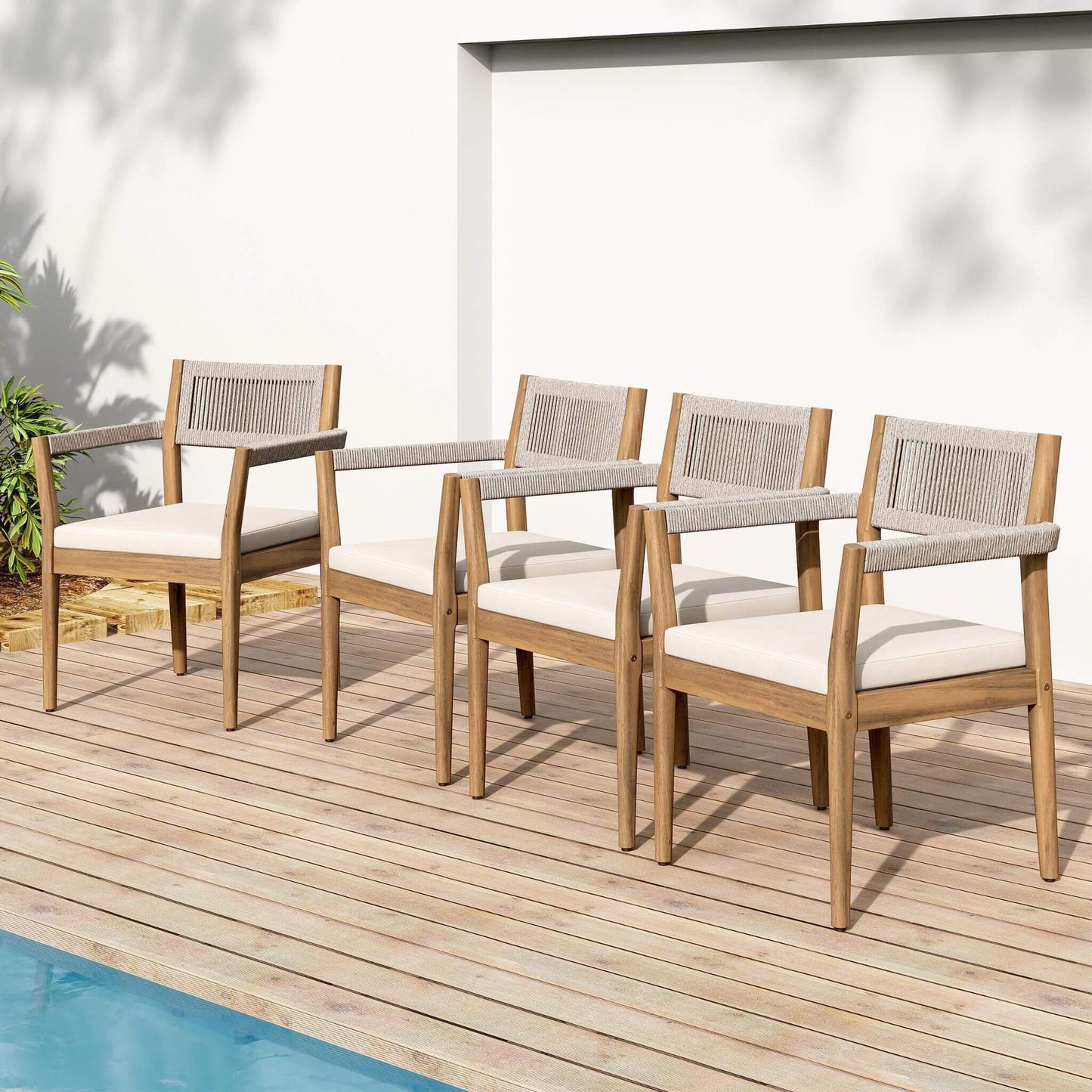 Alora Premium 5-Piece Outdoor Acacia Wood Patio Furniture Set With Braided Dining Chairs, Cushions, And Dining Table