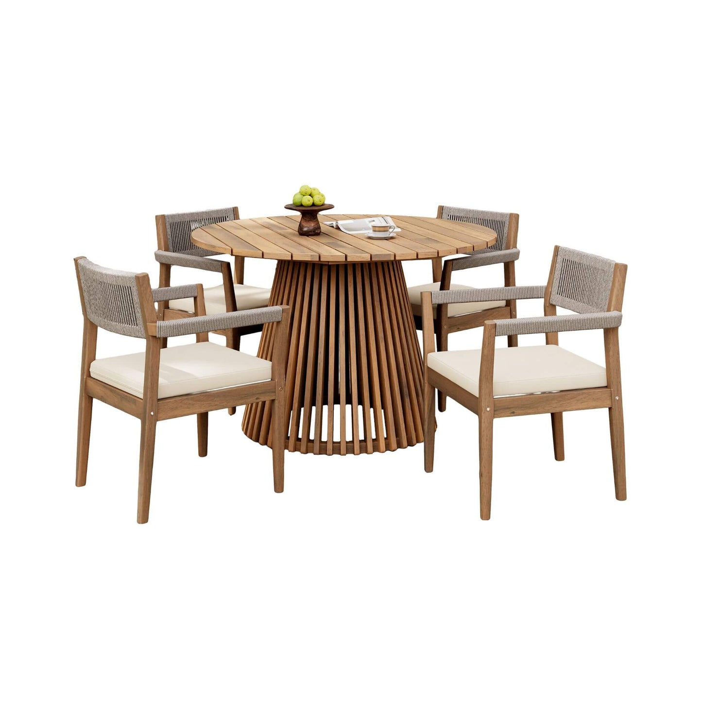 Alora Premium 5-Piece Outdoor Acacia Wood Patio Furniture Set With Braided Dining Chairs, Cushions, And Dining Table